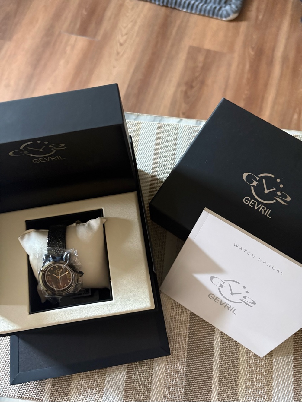 Gevril women’s Black Leather Strap Watch with Silver Case and Black Dial